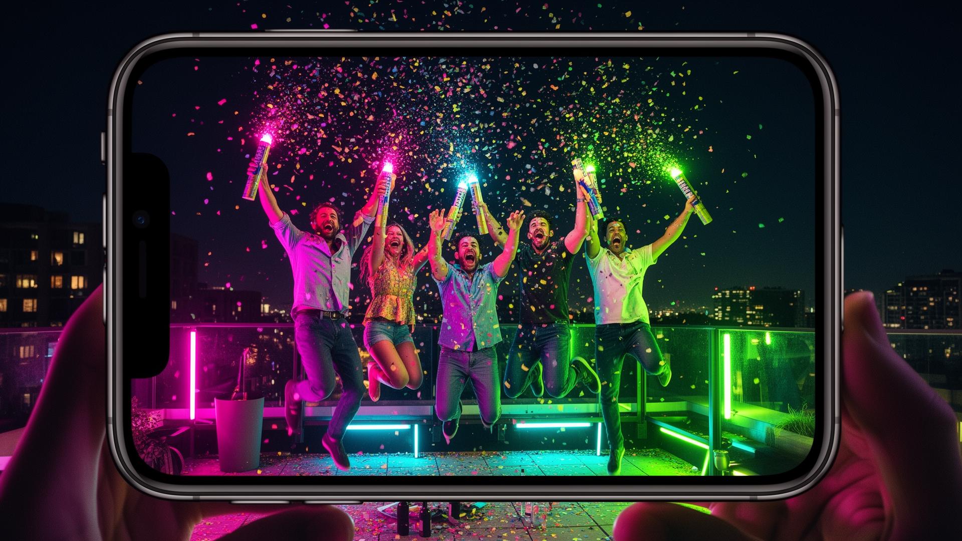 Friends celebrating with confetti through a PhotoParty phone camera